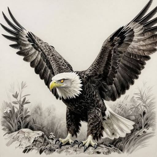 Digital illustration of a majestic bald eagle with outstretched wings, black feathers, white head, and sharp yellow beak, standing on rocky ground with