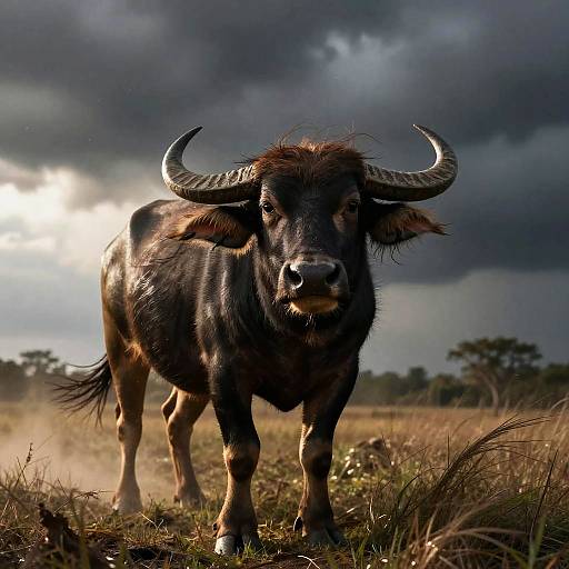 Water Buffalo in Stormy Grassland