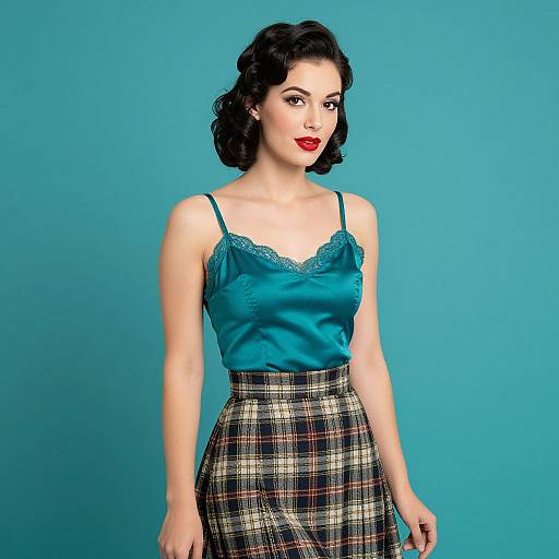 Photograph of a fair-skinned woman with black wavy hair, wearing a teal satin camisole with lace trim and a plaid skirt,