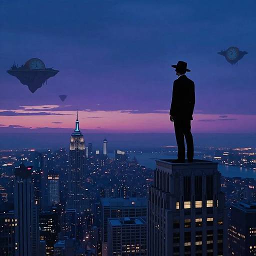 Silhouetted man in cowboy hat stands on skyscraper rooftop, gazing at futuristic cityscape with flying saucers at twilight. Digital art