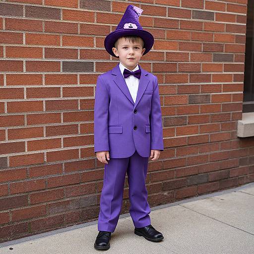 Photograph of a young boy in a purple wizard outfit, including a hat, standing against a red brick wall.
