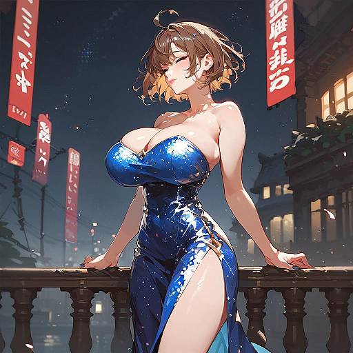 Anime-style digital illustration of a curvy woman with short brown hair, wearing a tight, shiny blue dress with a high slit, standing on a balcony
