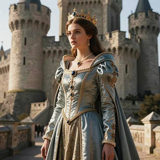 Photorealistic digital art of a young woman in a blue, gold-embroidered medieval gown and crown, standing before a castle.