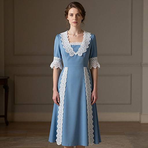 Photograph of a young woman with fair skin and dark hair, wearing a blue Victorian-style dress with white lace trim, standing in a dimly lit