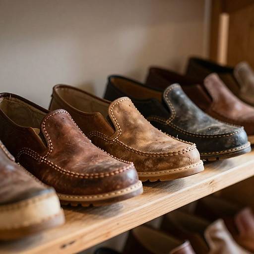 Photograph of brown and black leather loafers with white stitching, lined up on a wooden shelf in soft, warm light.