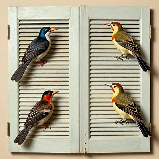 Photograph of four colorful birds with red, blue, and yellow plumage perched on white louvered shutters against a beige wall.