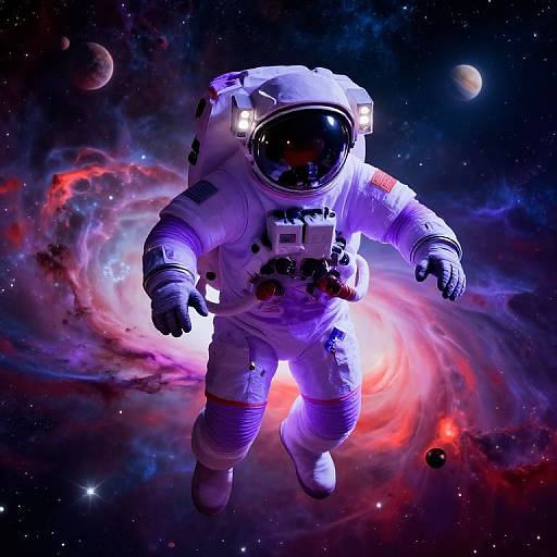 Photorealistic digital art of an astronaut floating in vibrant, colorful space with a large nebula, planets, and stars in the background.