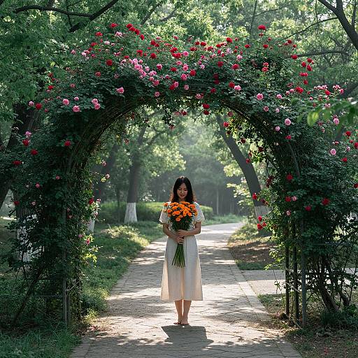 Photograph of an Asian woman with long black hair, wearing a white dress, holding a bouquet of orange flowers, standing under a blooming pink and