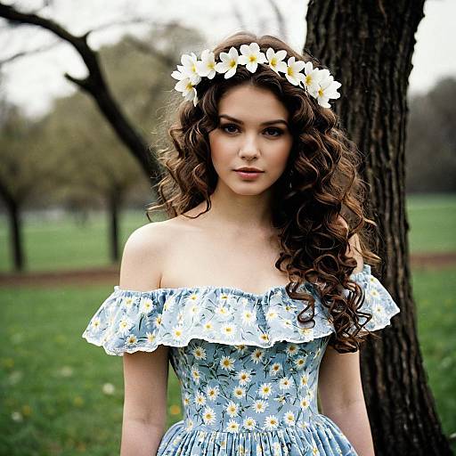 Woman in Floral Off-Shoulder Dress with Flower Crown