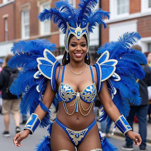 Photograph of a smiling Black woman in a vibrant blue and white Carnival costume with feathery wings, gold chains, and intricate designs, walking down