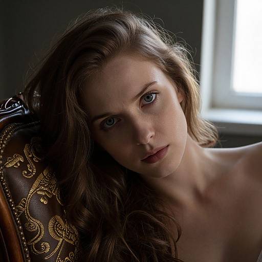 Photograph of a young woman with long, wavy brown hair, light blue eyes, and fair skin, leaning on an ornate, dark brown