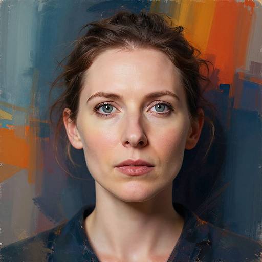 Digital portrait of a fair-skinned woman with blue eyes and brown hair, set against a vibrant, abstract blue, orange, and yellow background. She