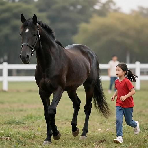 Girl and Black Horse in Sunlit Field