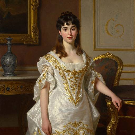 Photorealistic painting of a young woman with fair skin, dark brown hair, and delicate features, wearing an ornate white and gold dress, standing