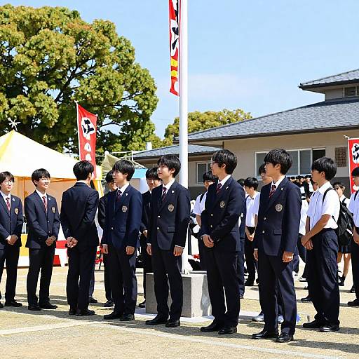 Photograph of Japanese schoolboys in dark blue uniforms standing in a line outside a building with red flags, trees, and clear sky.