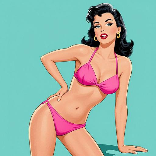 Digital illustration of a curvy woman with black hair, wearing a pink bikini, gold earrings, and red lipstick, leaning against a turquoise background. Retro