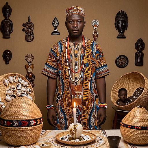 Photograph of a dark-skinned African man in colorful traditional attire, standing between woven baskets with shells, candles, and baby dolls, in a room