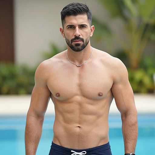 Photograph of a muscular, bearded man with short black hair, tan skin, and a silver necklace, standing by a blue pool. He wears