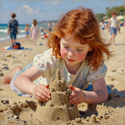 Photograph of a red-haired, fair-skinned toddler building a sandcastle on a sunny beach, with blurred background of beachgoers and ocean.