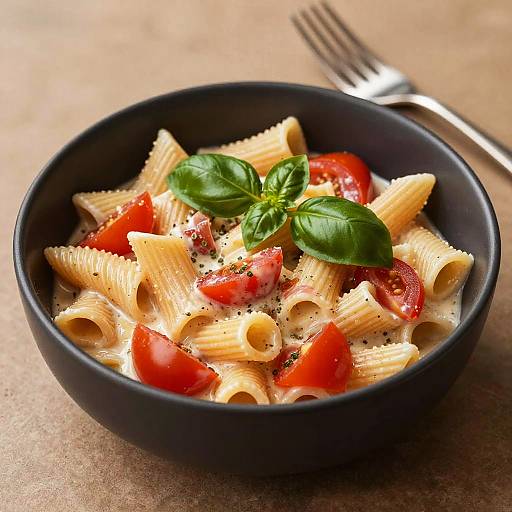 Photograph of a black bowl filled with penne pasta, cherry tomatoes, and basil, sprinkled with pepper, on a beige surface with a fork