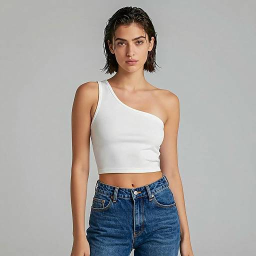Young Woman in White One-Shoulder Crop Top