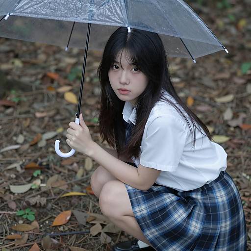 Asian Woman in Forest with Umbrella