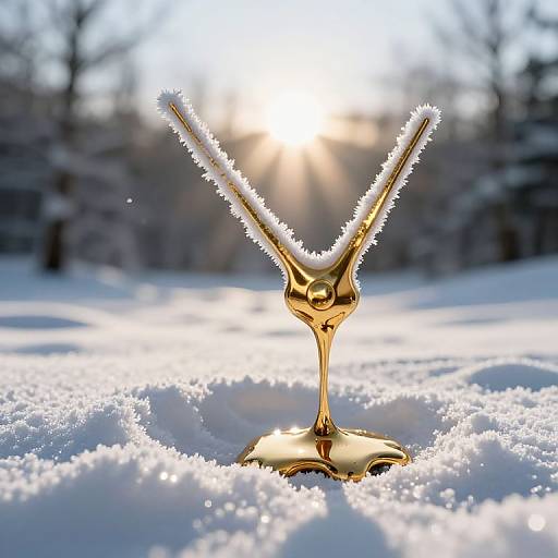 Photograph of a gold V-shaped sculpture coated in frost, standing in a snowy forest at sunrise, with sunlight peeking through trees.