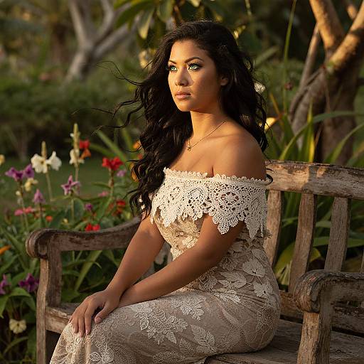 Photograph of a beautiful woman with long black hair, wearing an off-shoulder lace dress, sitting on a wooden bench in a lush garden with