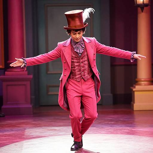 Photograph of a male performer in a vibrant pink Victorian-style suit, tall brown top hat with white feather, bow tie, and patterned vest,