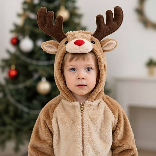 Photograph of a young boy with blue eyes, wearing a brown reindeer onesie with antlers, standing in front of a Christmas tree with red
