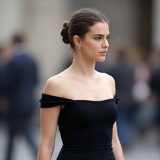 Photograph of a young woman with fair skin, dark hair in a bun, wearing an off-shoulder black dress, standing in a blurred urban