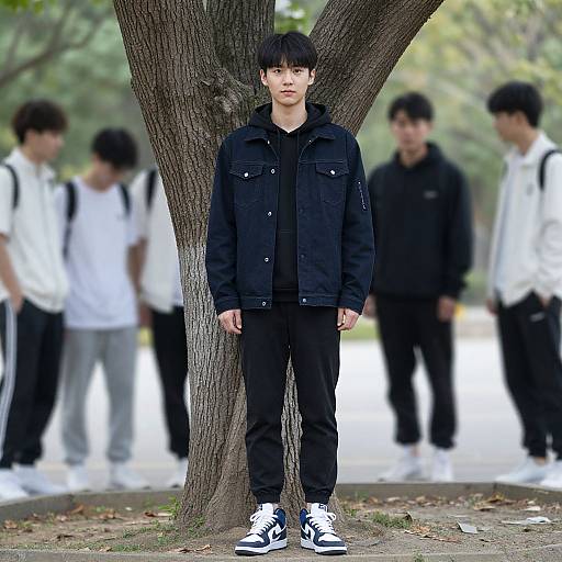 Photograph of an Asian teenage boy in black jacket and pants, standing against a tree, with blurred background of similarly dressed boys.