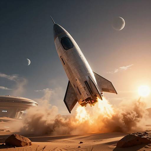 Photorealistic CGI of a silver rocket launching from a desert planet with a crescent moon, sun, and sci-fi structure in the background. Bright