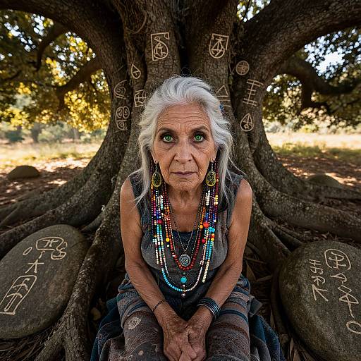 Photograph of an elderly woman with white hair, green eyes, and multiple colorful bead necklaces, sitting against a large tree with ancient symbols etched