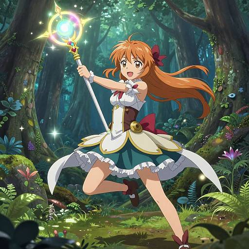 Anime-style illustration of a cheerful, red-haired girl with a glowing wand, wearing a white and blue frilled dress, in a vibrant, enchanted forest