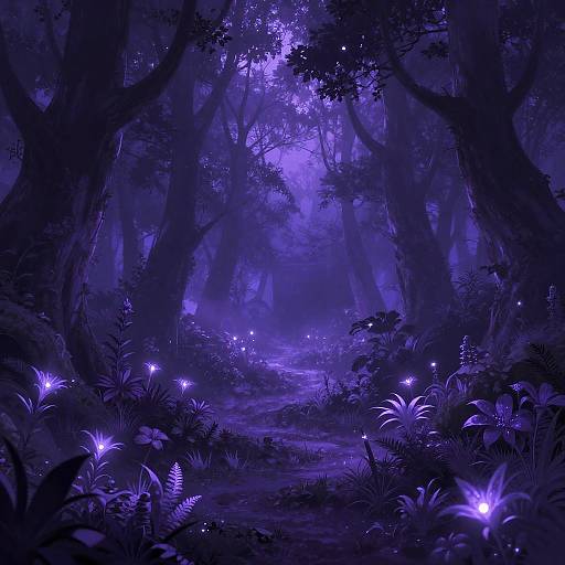 Mysterious, purple-lit forest scene with glowing fireflies, dark silhouetted trees, and vibrant bioluminescent plants on a mist
