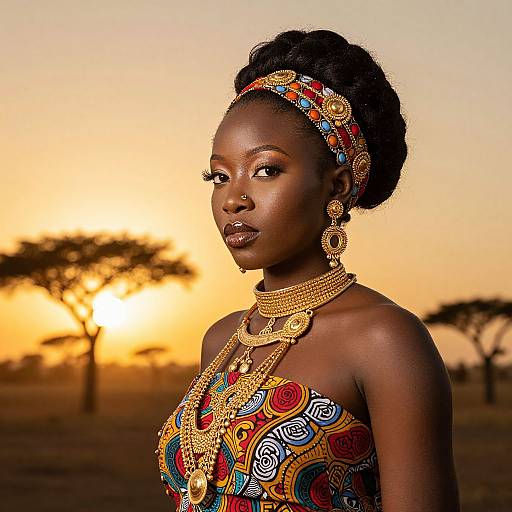 Photograph of a beautiful African woman with dark skin, wearing intricate gold jewelry and colorful, patterned dress, set against a sunset savanna background.