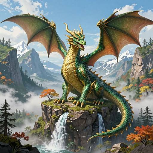 Majestic Dragon Overlooking Lush Mountains