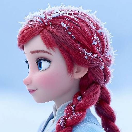CGI portrait of a fair-skinned, blue-eyed girl with red braided hair, snowflakes on her head, and a white winter coat