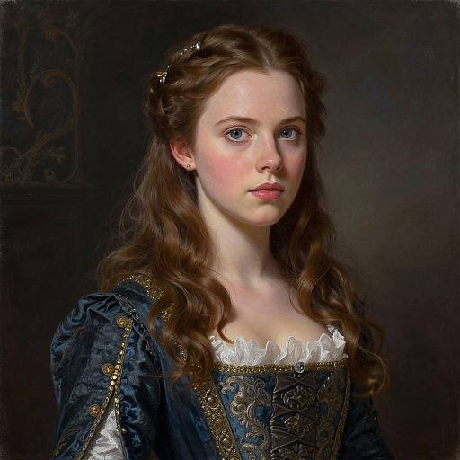 Digital portrait of a fair-skinned, blue-eyed young woman with long, wavy brown hair, wearing an ornate, dark blue Renaissance-style dress