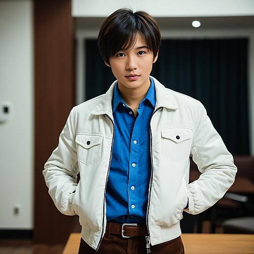 Young Asian Man in White Jacket Indoors
