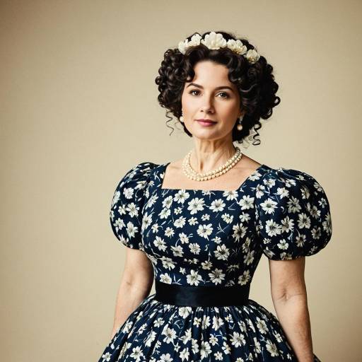 Elegant Woman in Vintage Floral Dress with Pearls