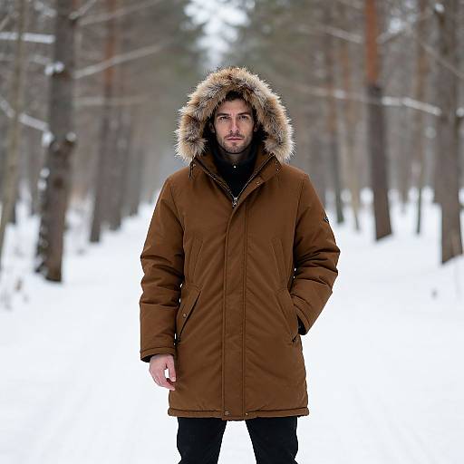 Photograph of a bearded man standing in a snowy forest, wearing a brown winter coat with a furry hood, hands in pockets, black pants,