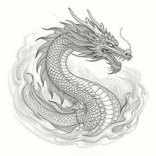 Black-and-white line drawing of a serpentine dragon with intricate scales, flowing mane, and fierce expression, swirling dynamically against a white background.