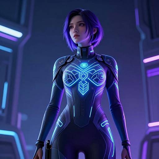 CGI image of a purple-haired woman in a glowing, form-fitting, futuristic black bodysuit with blue neon patterns, standing confidently in a