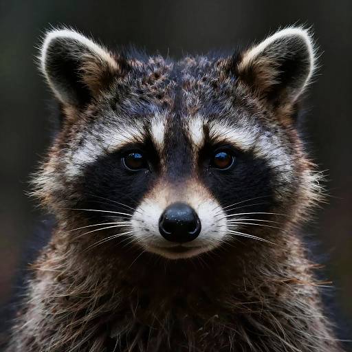 Close-up photograph of a raccoon with intense dark eyes, black nose, and distinct white facial markings against a blurred dark background.