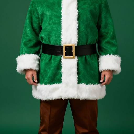 Photograph of a person wearing a green velvet Santa coat with white fur trim, black belt with gold buckle, and brown pants, standing against a green