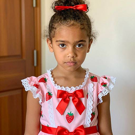 Young Girl in Strawberry Dress with Red Bow