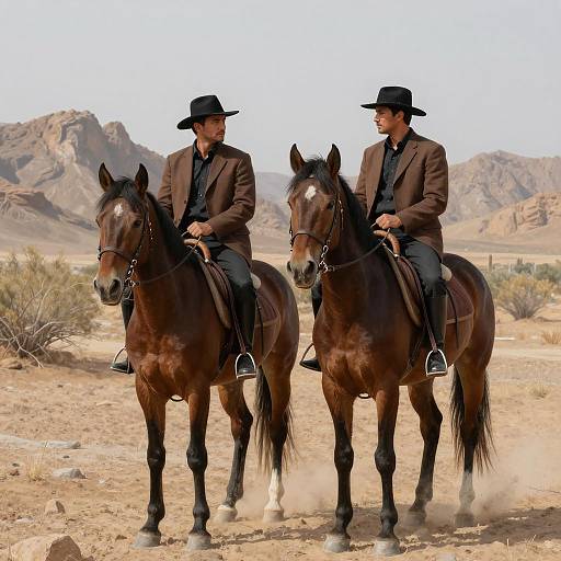 Two Men Riding Horses in Desert Landscape