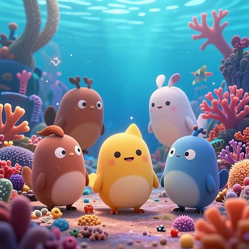 CGI underwater scene of four cute, chubby, cartoon penguin-like fish with colorful coral and sea anemones, illuminated by sunlight.